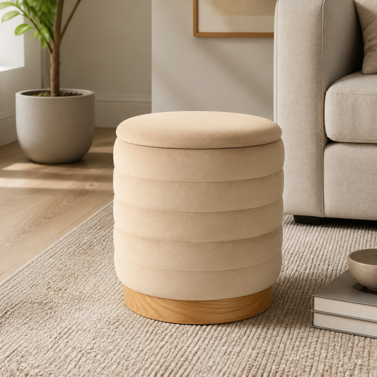 Beige and Natural Velvet Tufted Cylinder Storage Ottoman - 16-inch