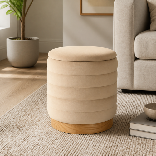 Beige and Natural Velvet Tufted Cylinder Storage Ottoman - 16-inch in a styled home setting - Furniture NW