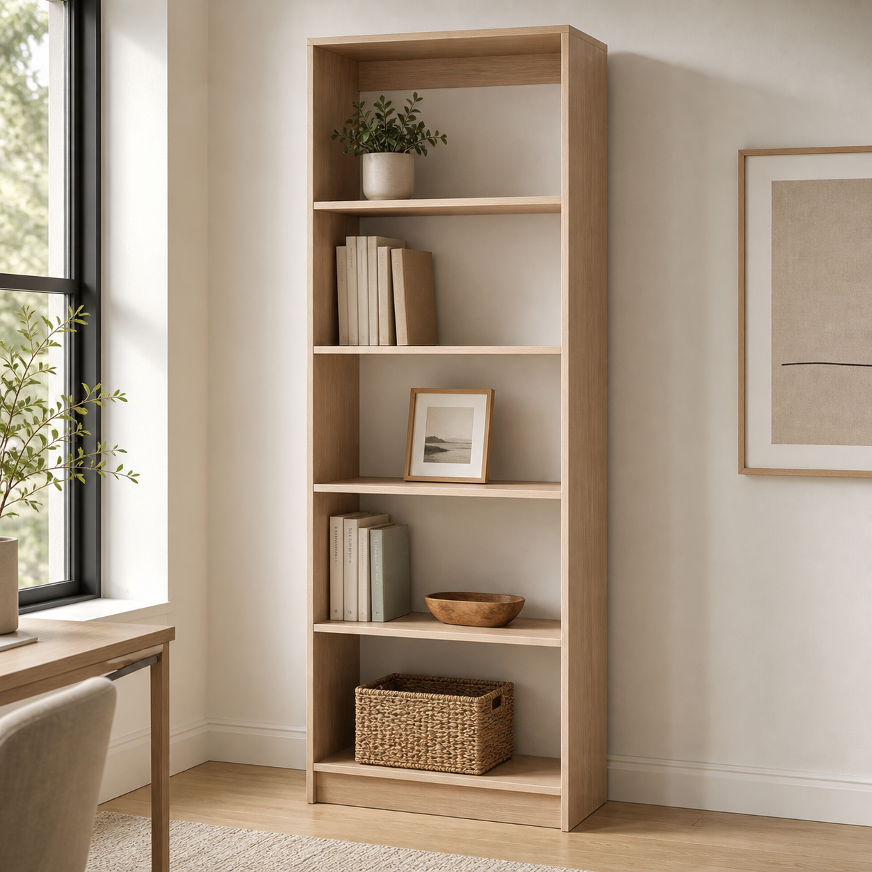 Beige Wood Five Tier Bookcase - 71-inch in a styled home setting - Furniture NW