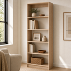 Beige Wood Five Tier Bookcase - 71-inch in a styled home setting - Furniture NW