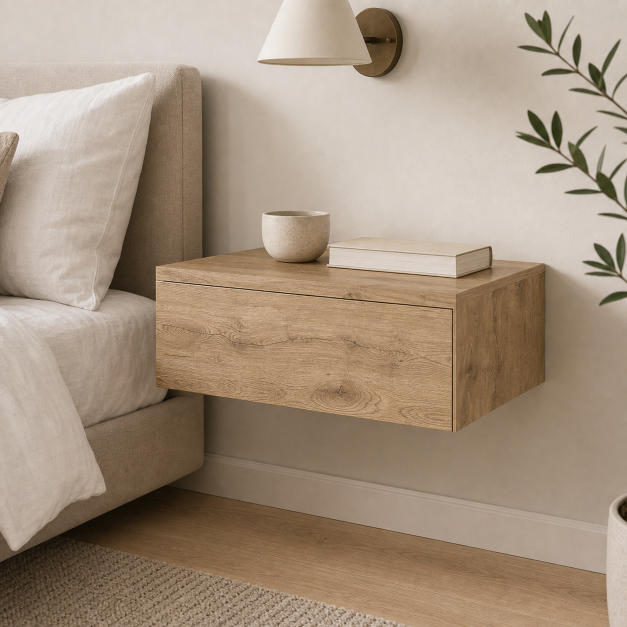Beige Wood One Drawer Floating Nightstand - 16-inch in a styled home setting - Furniture NW