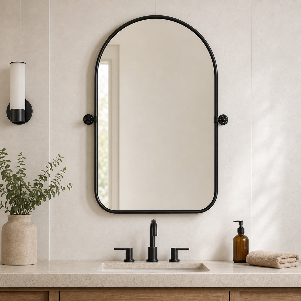 Black Arch Metal Swivel Framed Accent Mirror - 32-inch in a styled home setting - Furniture NW