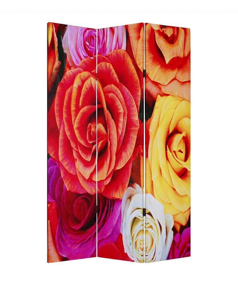 Red Canvas Folding Three Panel Screen Room Divider - 72-inch