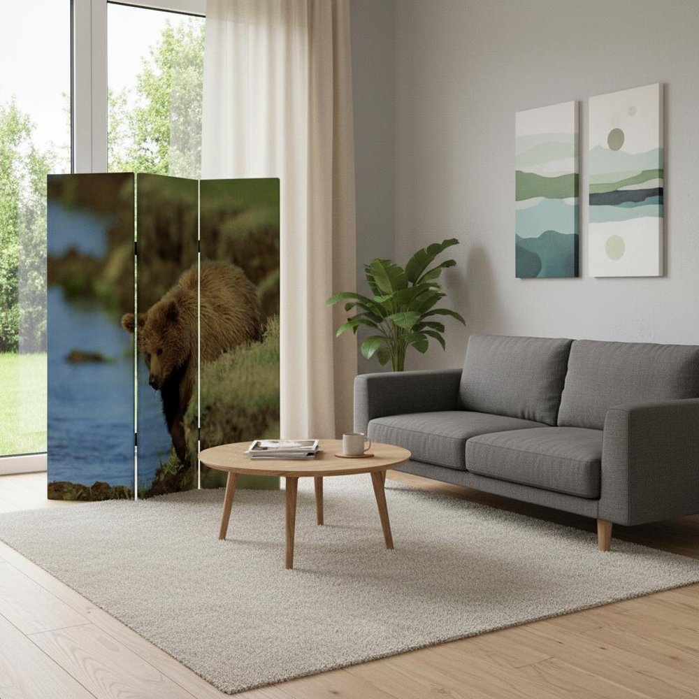 Blue and Green Canvas Folding Three Panel Screen Room Divider - 72-inch