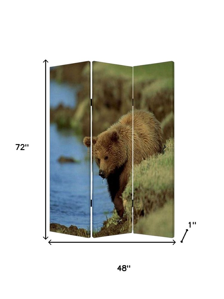 Blue and Green Canvas Folding Three Panel Screen Room Divider - 72-inch