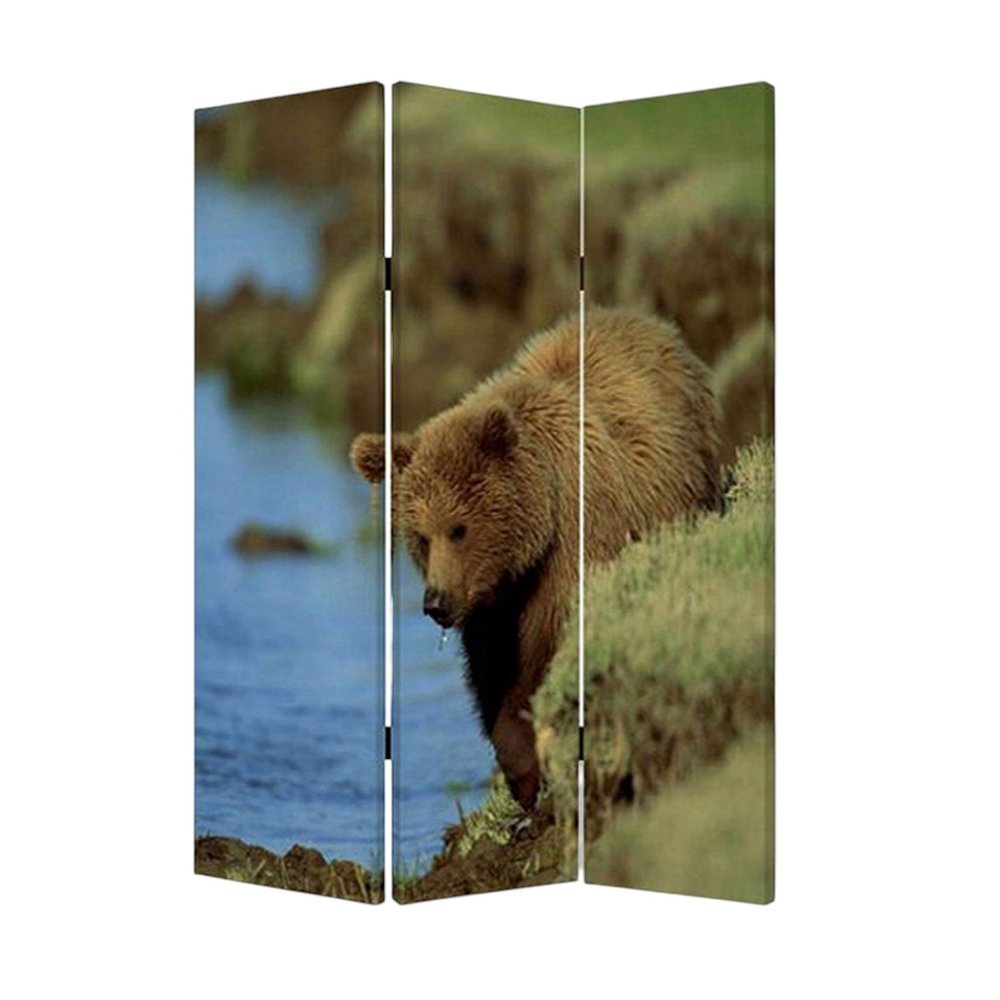 Blue and Green Canvas Folding Three Panel Screen Room Divider - 72-inch