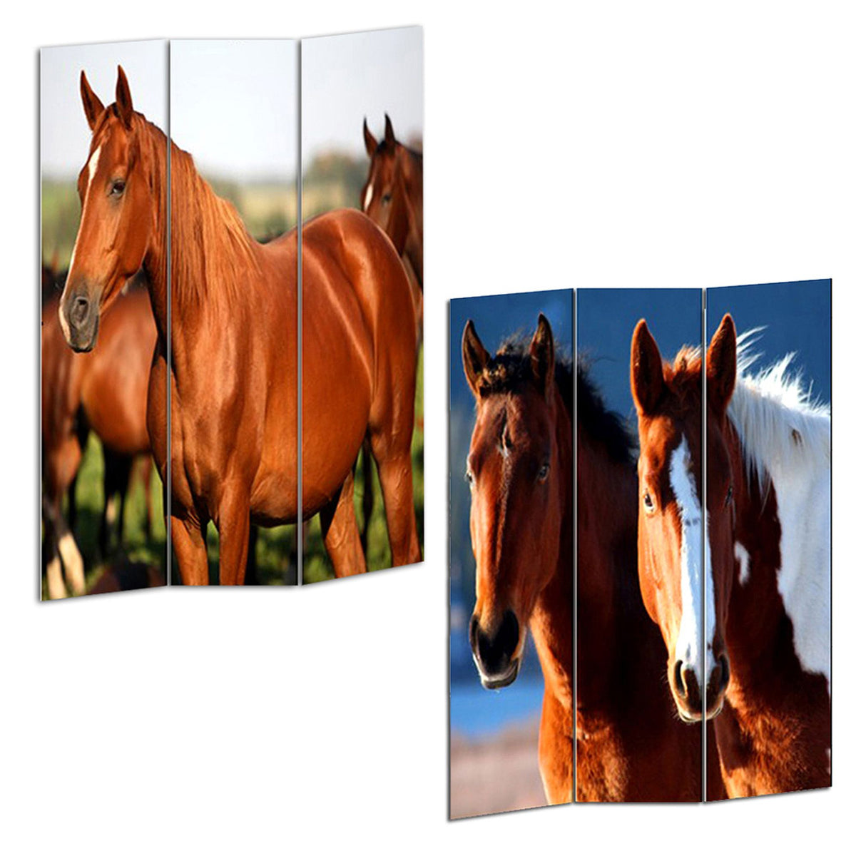 Brown and White Canvas Folding Three Panel Screen Room Divider - 72-inch