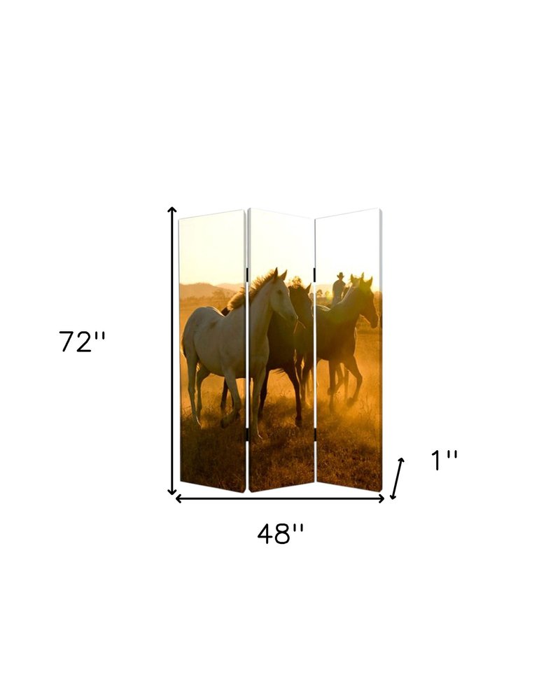 Brown and Black Canvas Folding Three Panel Screen Room Divider - 72-inch