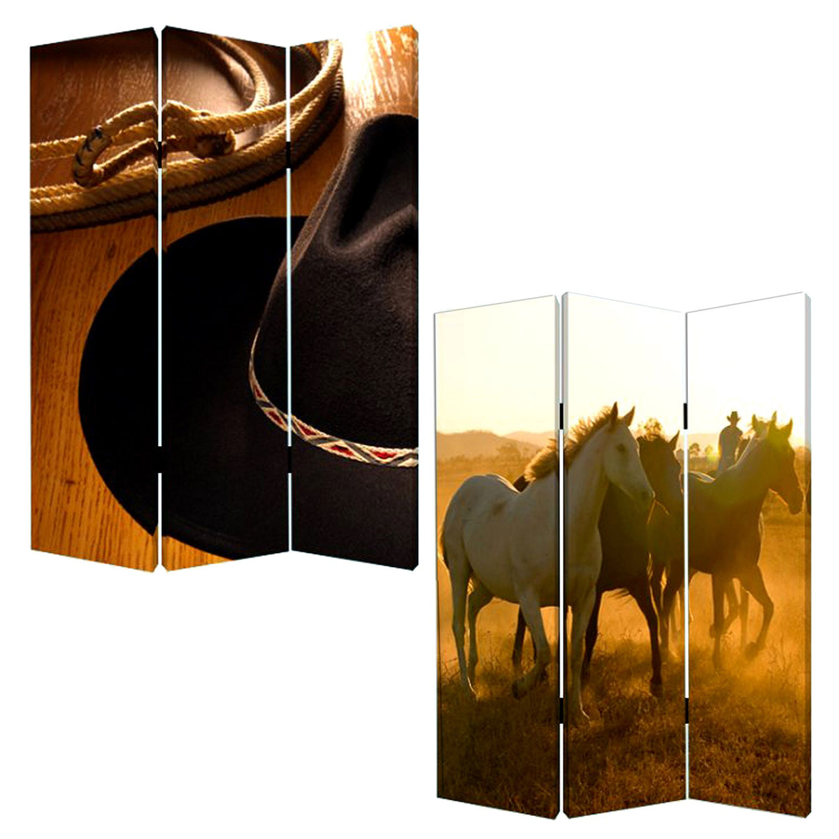 Brown and Black Canvas Folding Three Panel Screen Room Divider - 72-inch