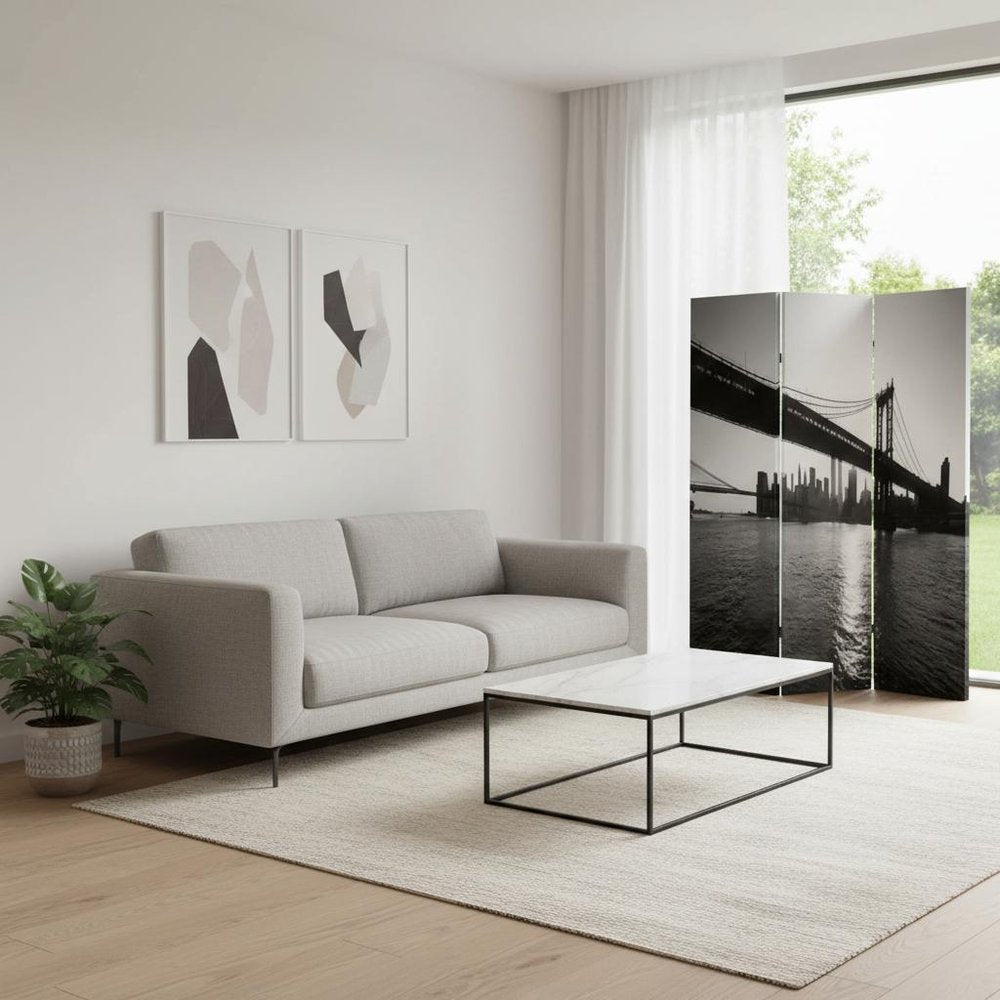 Gray Canvas Folding Three Panel Screen Room Divider - 72-inch
