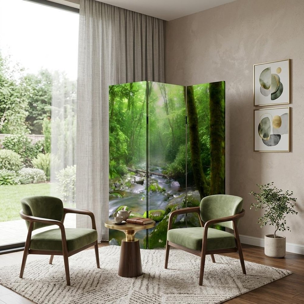 Green Canvasfolding Three Panel Screen Room Divider - 72-inch