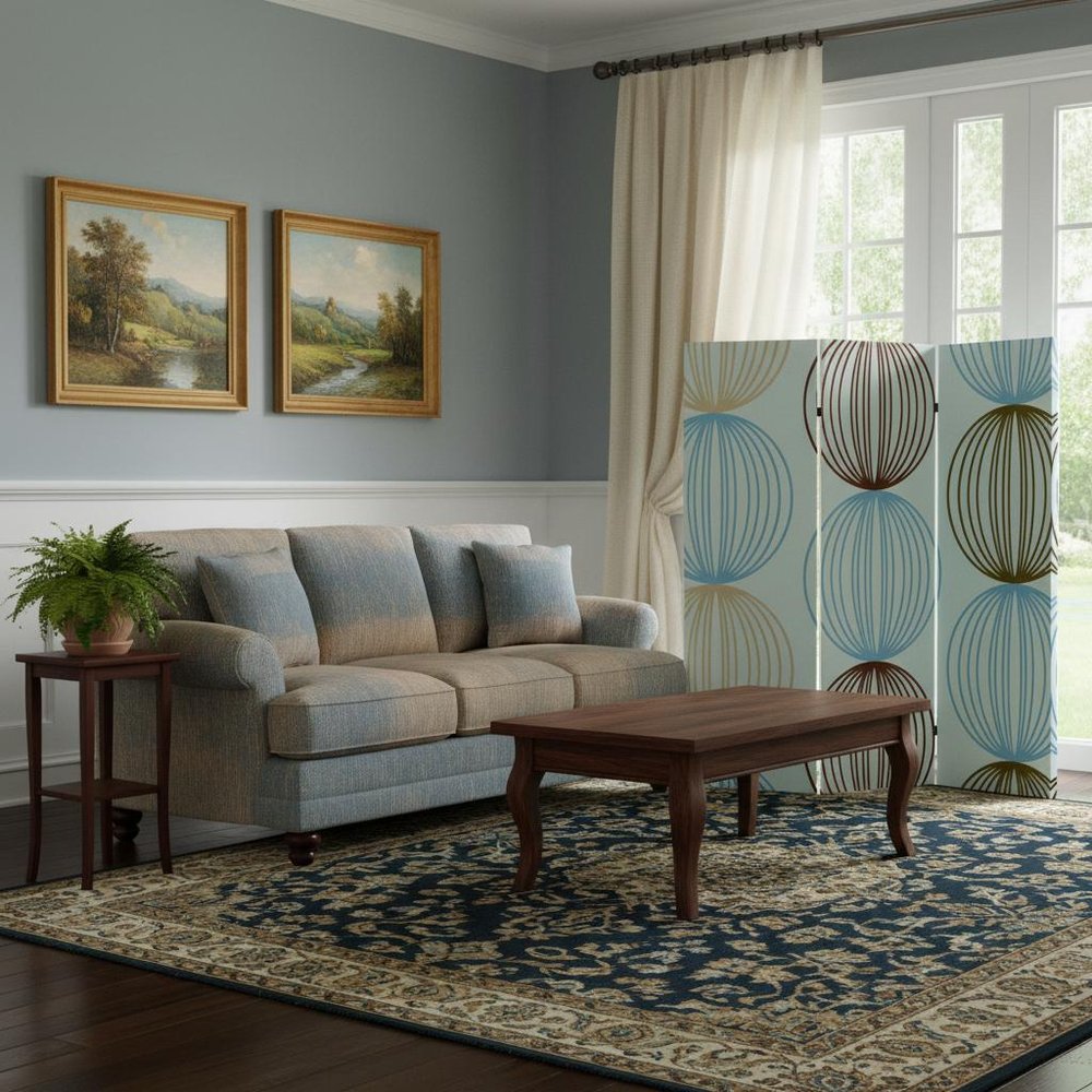 Blue Canvas Folding Three Panel Screen Room Divider - 72-inch
