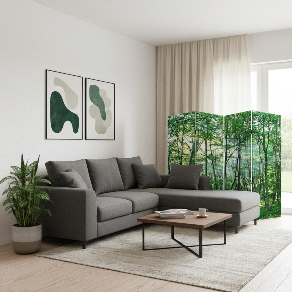 Green Canvas Folding Four Panel Screen Room Divider - 84-inch