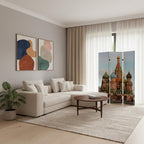Red Blue and Ivory Canvas Folding Three Panel Screen Room Divider - 72-inch