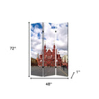 Red Blue and Ivory Canvas Folding Three Panel Screen Room Divider - 72-inch
