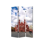 Red Blue and Ivory Canvas Folding Three Panel Screen Room Divider - 72-inch