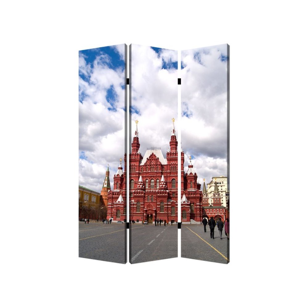 Red Blue and Ivory Canvas Folding Three Panel Screen Room Divider - 72-inch