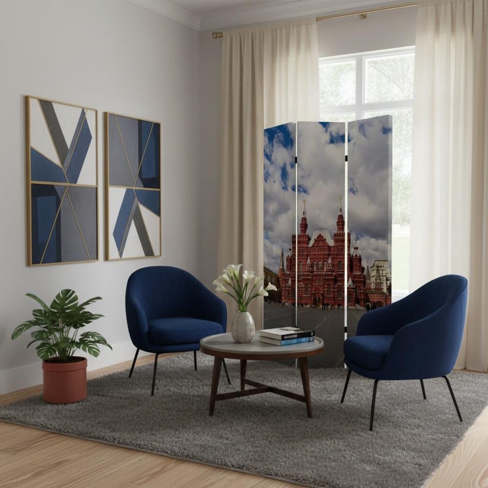 Red Blue and Ivory Canvas Folding Three Panel Screen Room Divider - 72-inch