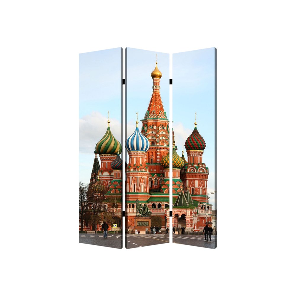 Red Blue and Ivory Canvas Folding Three Panel Screen Room Divider - 72-inch