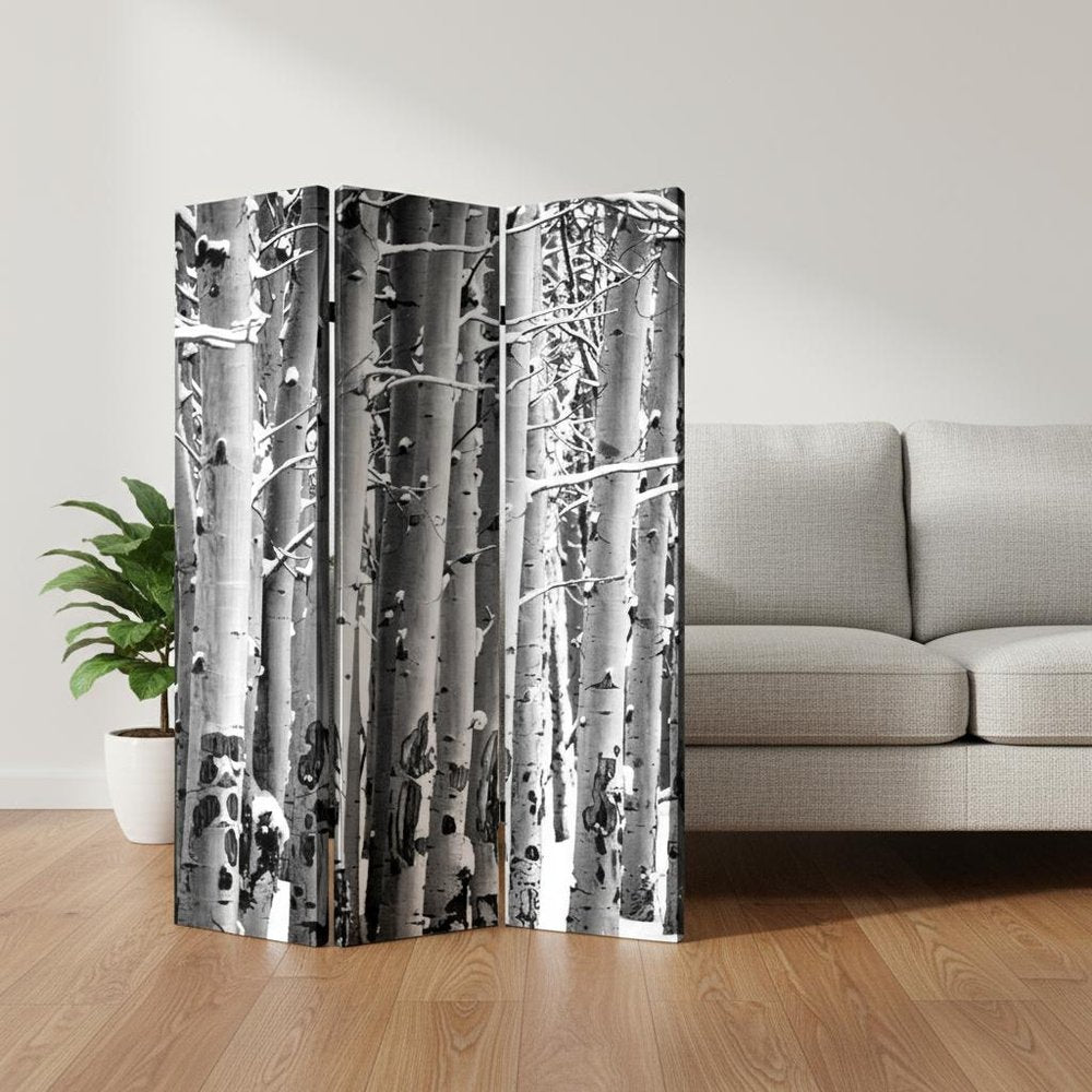 Gray and White Canvas Folding Three Panel Screen Room Divider - 72-inch