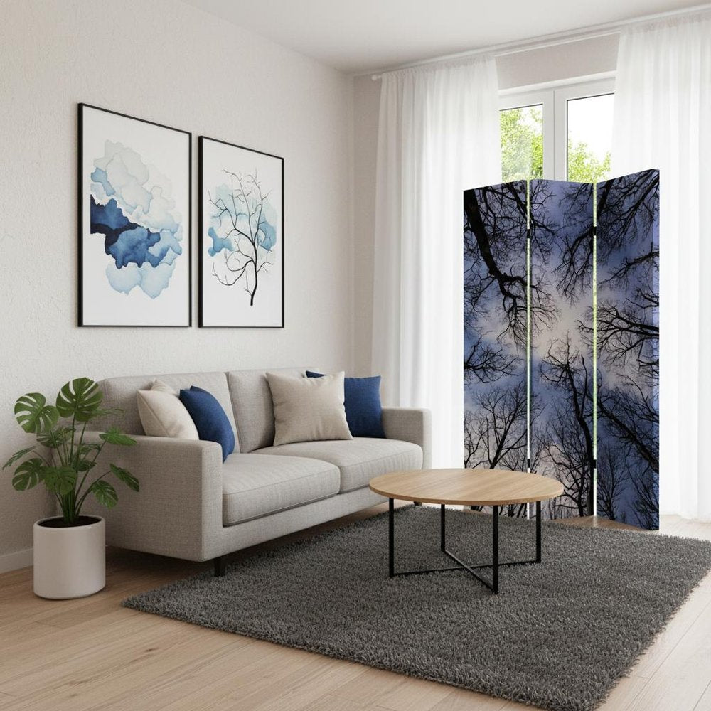 Black and Blue Canvas Folding Three Panel Screen Room Divider - 72-inch