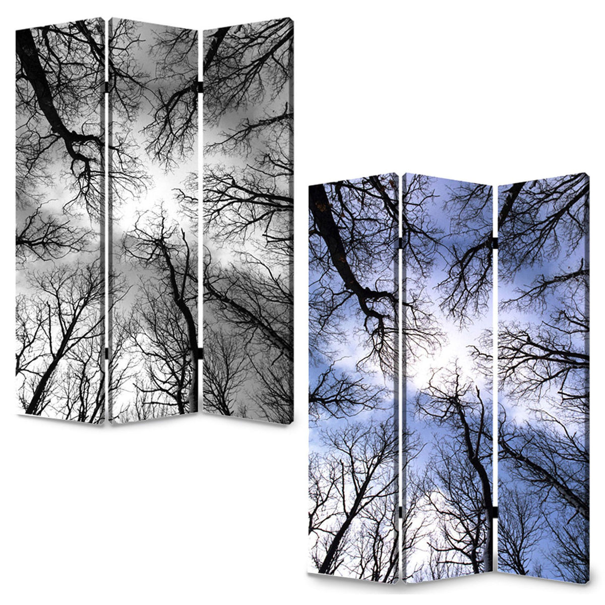 Black and Blue Canvas Folding Three Panel Screen Room Divider - 72-inch