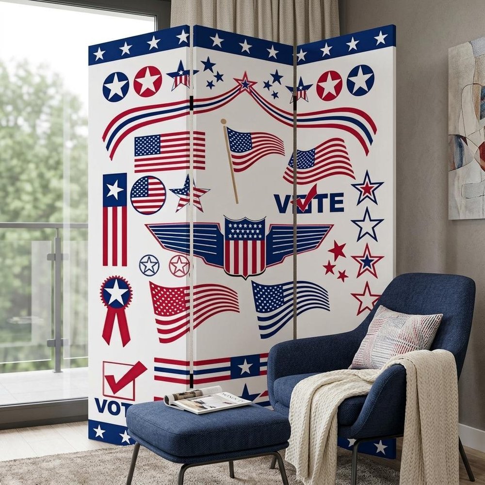 Blue and White Canvas Folding Three Panel Screen Room Divider - 72-inch