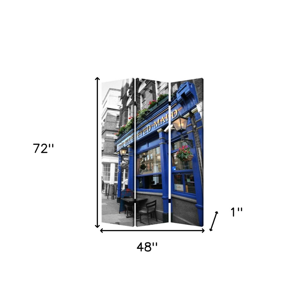 Blue and Gray Canvas Folding Three Panel Screen Room Divider - 72-inch