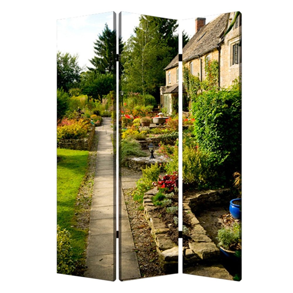 Green Canvas Folding Three Panel Screen Room Divider - 72-inch