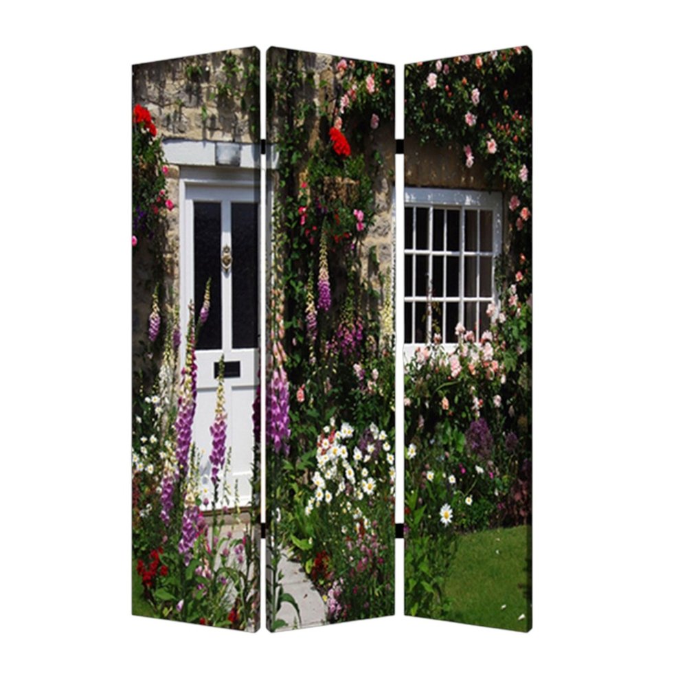 Green Canvas Folding Three Panel Screen Room Divider - 72-inch
