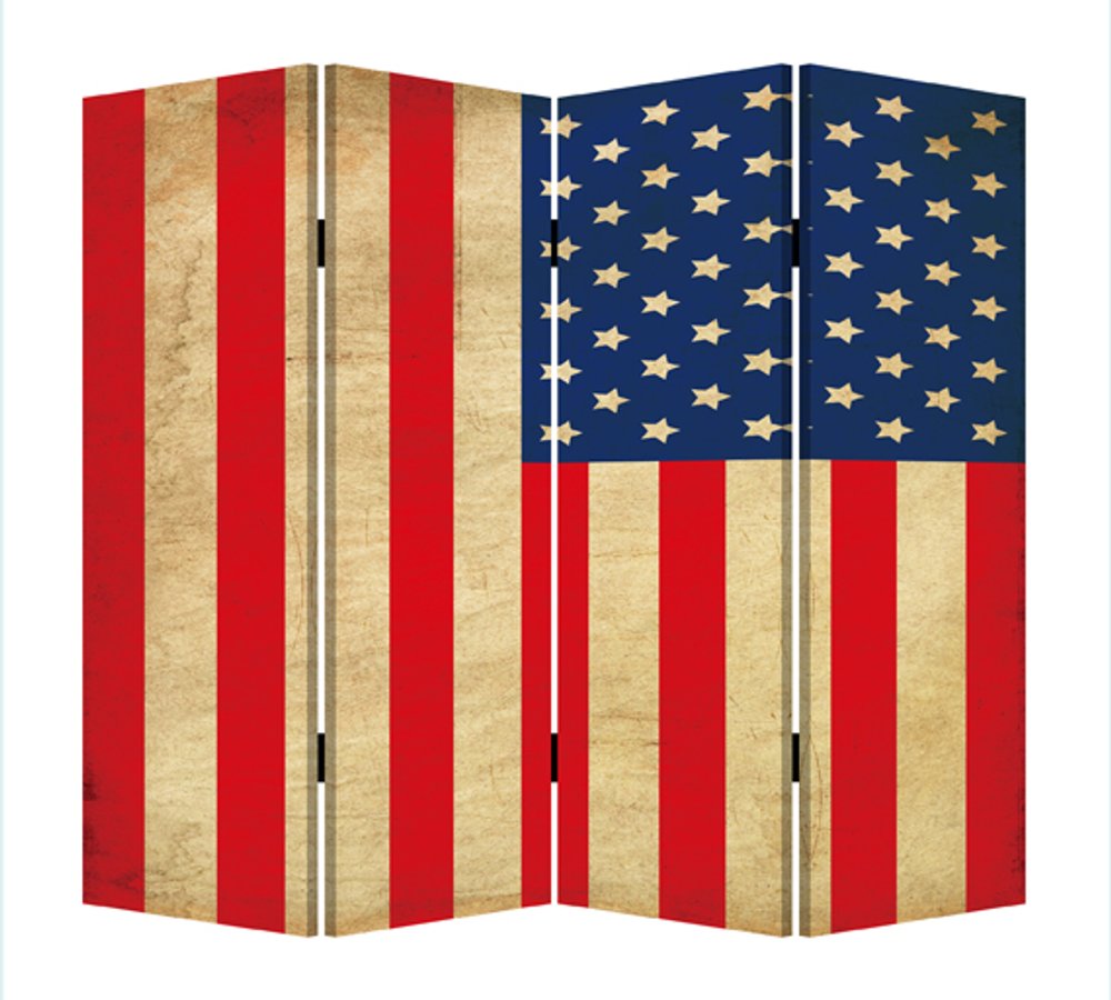 Red Natural and Blue American Flag Reversible Canvas Folding Four Panel Room Divider
