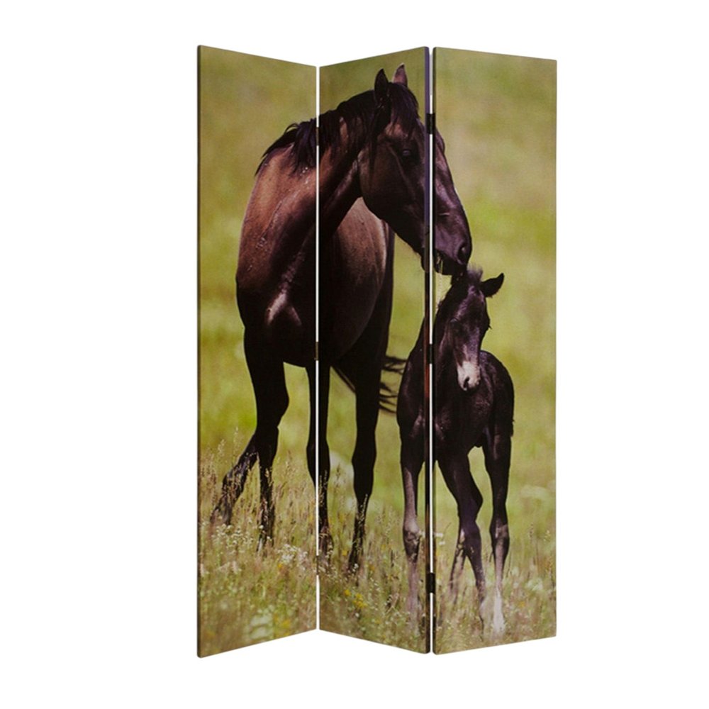 Brown Canvas Folding Three Panel Screen Room Divider - 72-inch