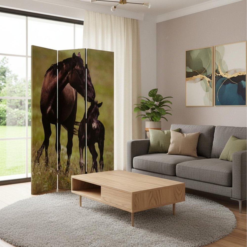 Brown Canvas Folding Three Panel Screen Room Divider - 72-inch