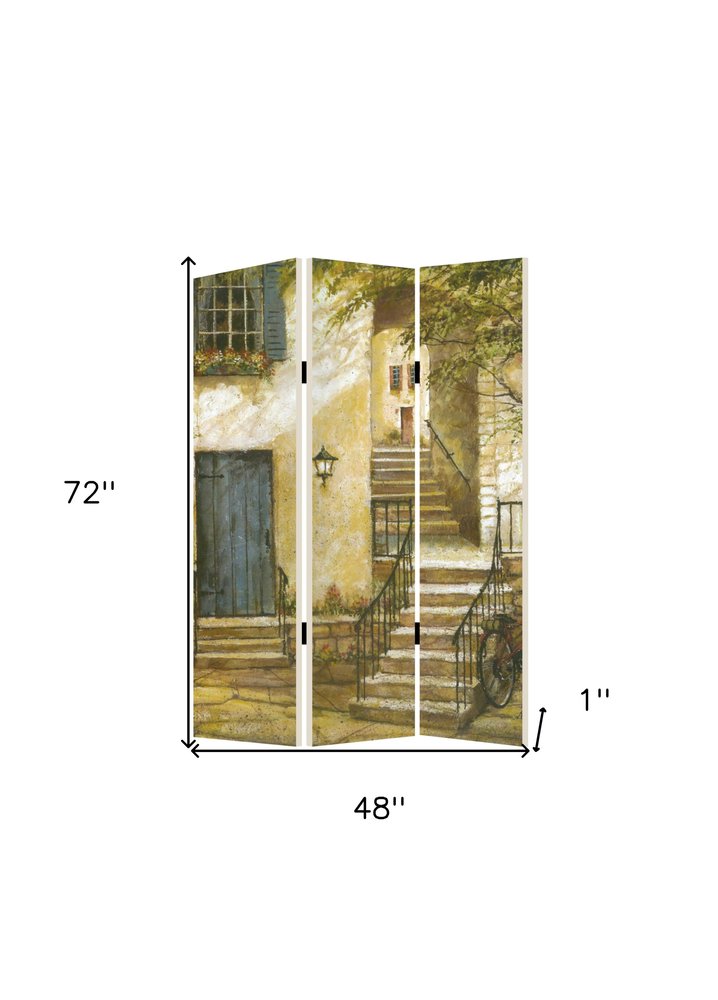 Beige Canvas Folding Three Panel Screen Room Divider - 72-inch