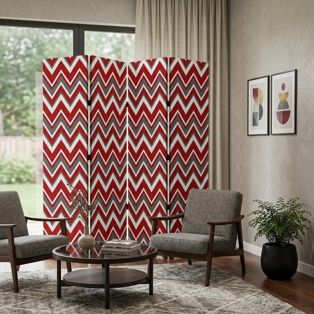 Red and Gray Canvas Folding Four Panel Screen Room Divider - 84-inch