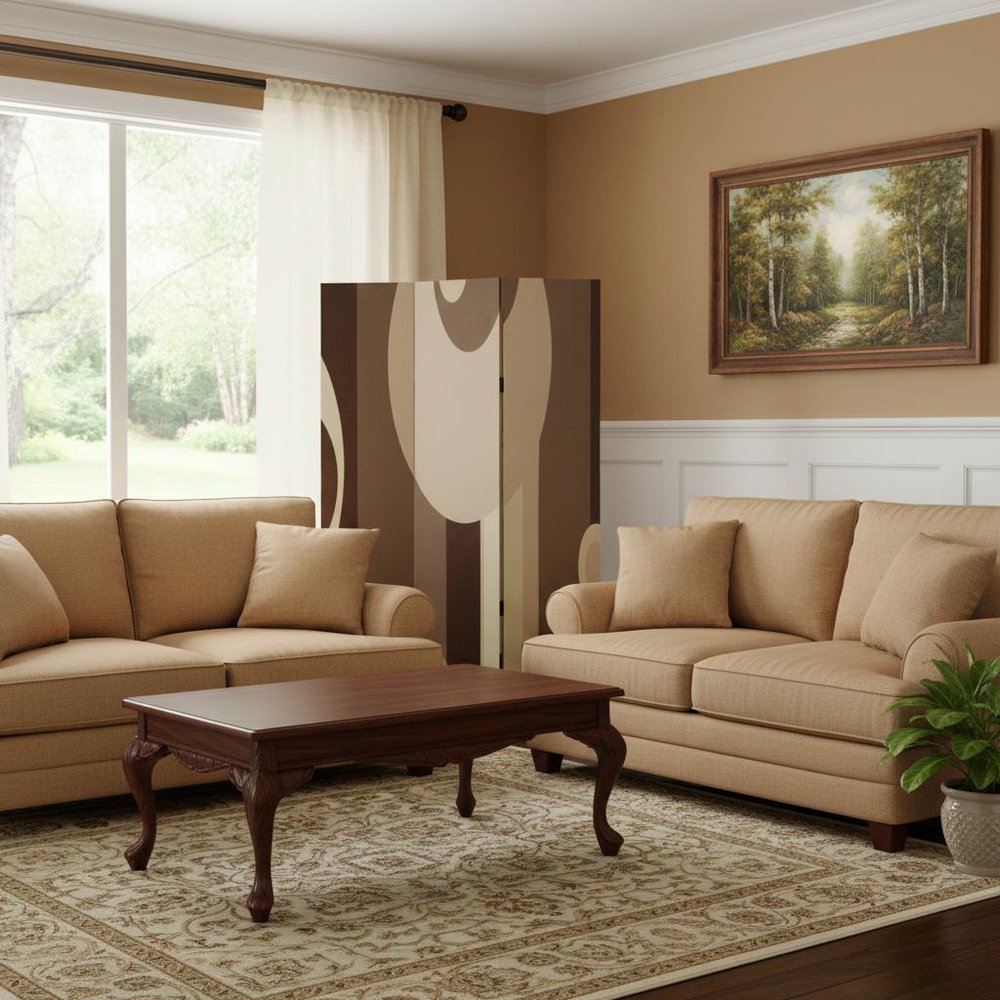 Brown Canvas Folding Three Panel Screen Room Divider - 72-inch
