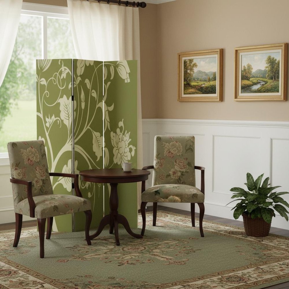Green Canvas Folding Three Panel Screen Room Divider - 72-inch