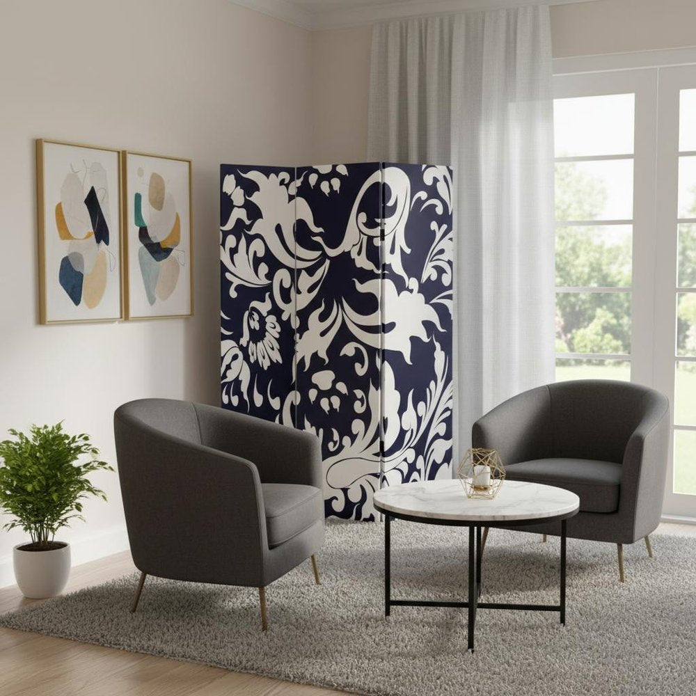 Black and White Canvas Folding Three Panel Screen Room Divider - 72-inch