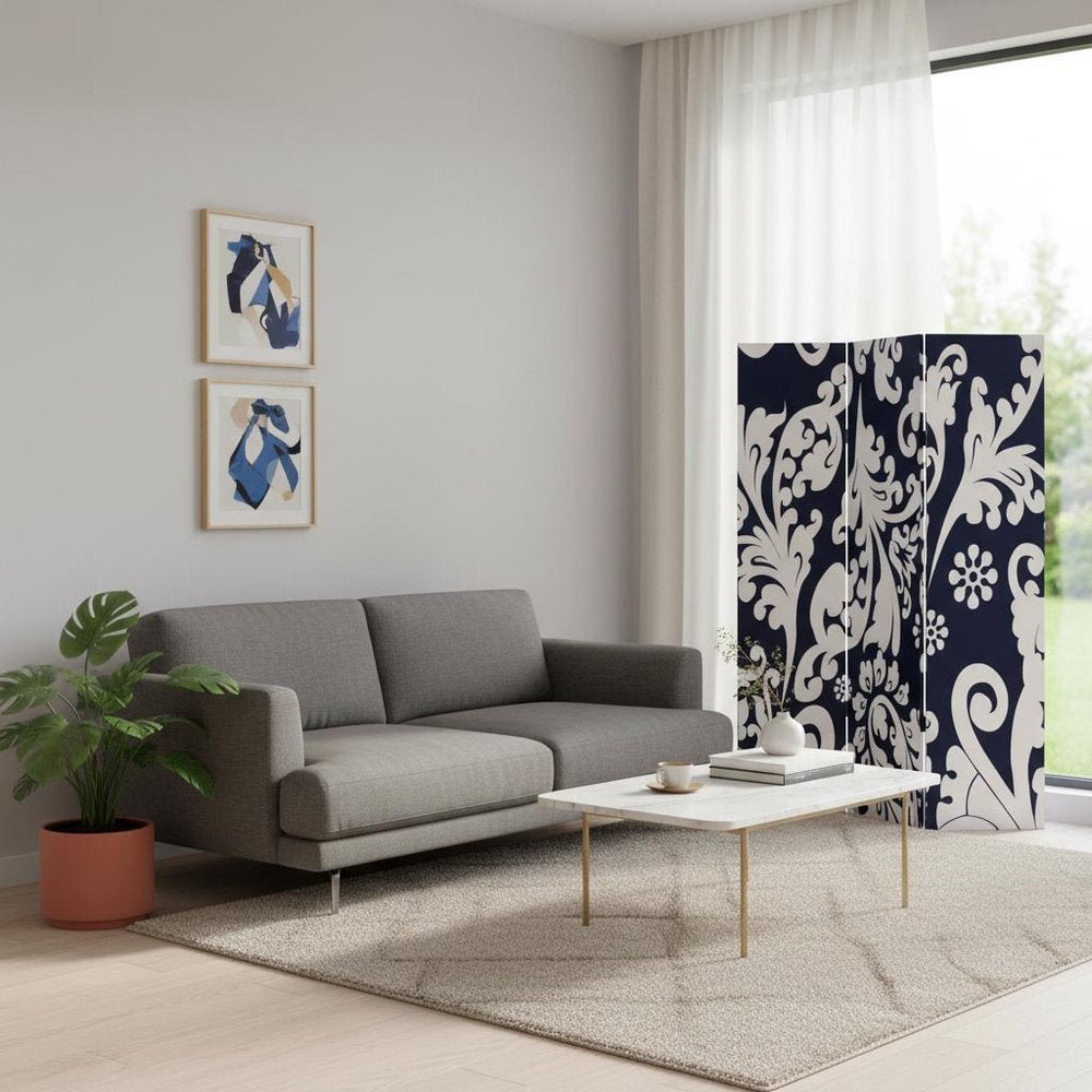 Black and White Canvas Folding Three Panel Screen Room Divider - 72-inch