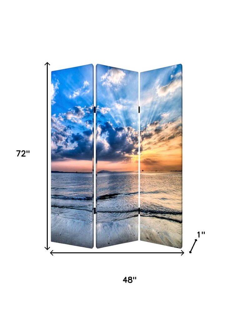 Blue Canvas Folding Three Panel Screen Room Divider - 72-inch