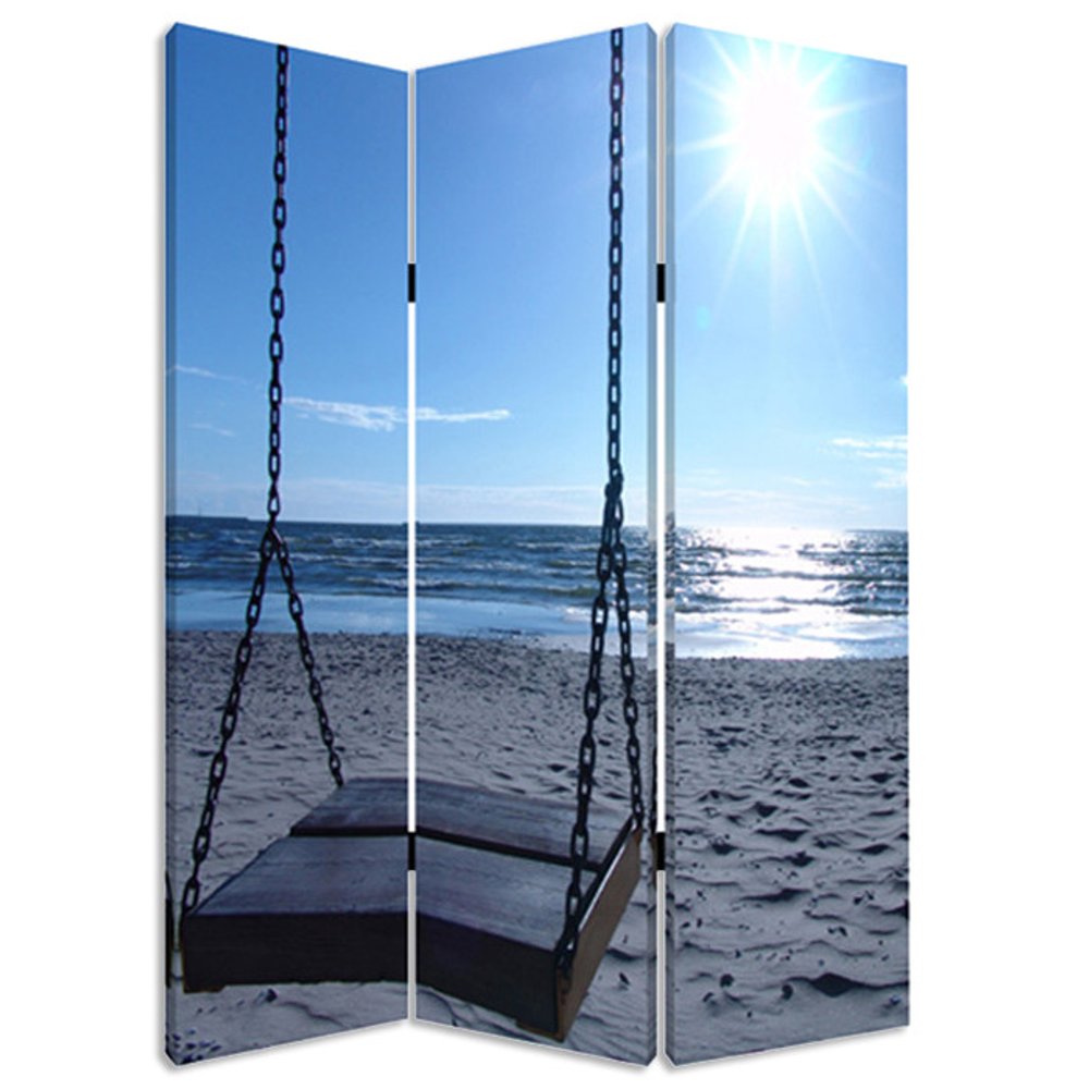 Blue Canvas Folding Three Panel Screen Room Divider - 72-inch