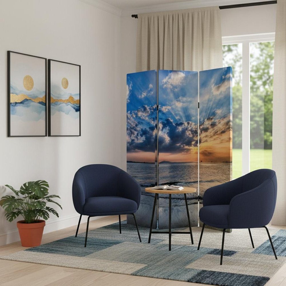 Blue Canvas Folding Three Panel Screen Room Divider - 72-inch