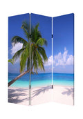 Blue and Green Canvas Folding Three Panel Screen Room Divider - 72-inch