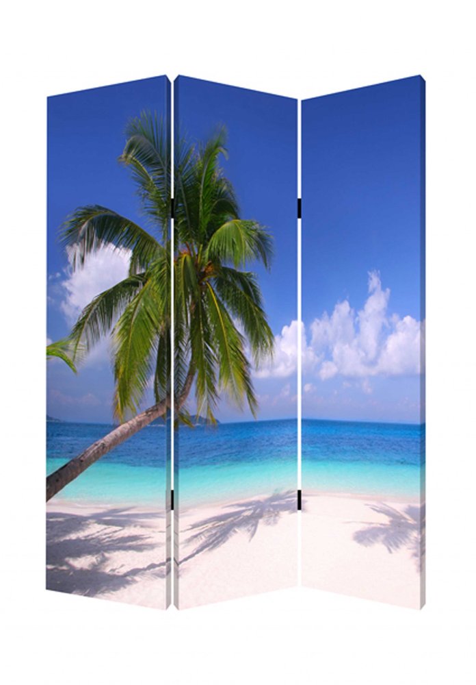 Blue and Green Canvas Folding Three Panel Screen Room Divider - 72-inch