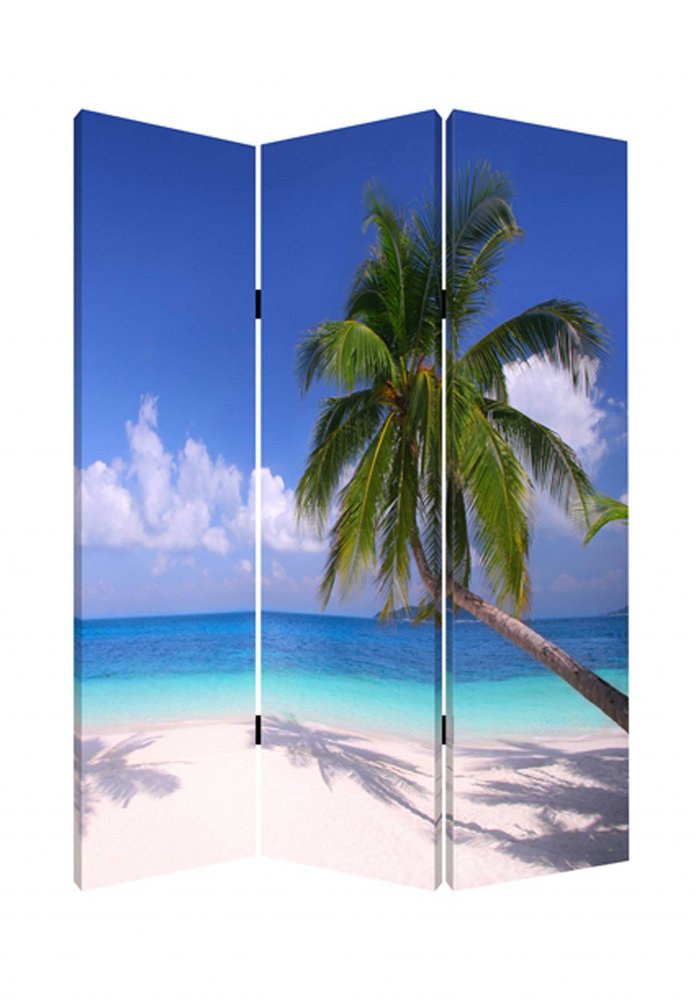 Blue and Green Canvas Folding Three Panel Screen Room Divider - 72-inch