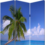 Blue and Green Canvas Folding Three Panel Screen Room Divider - 72-inch