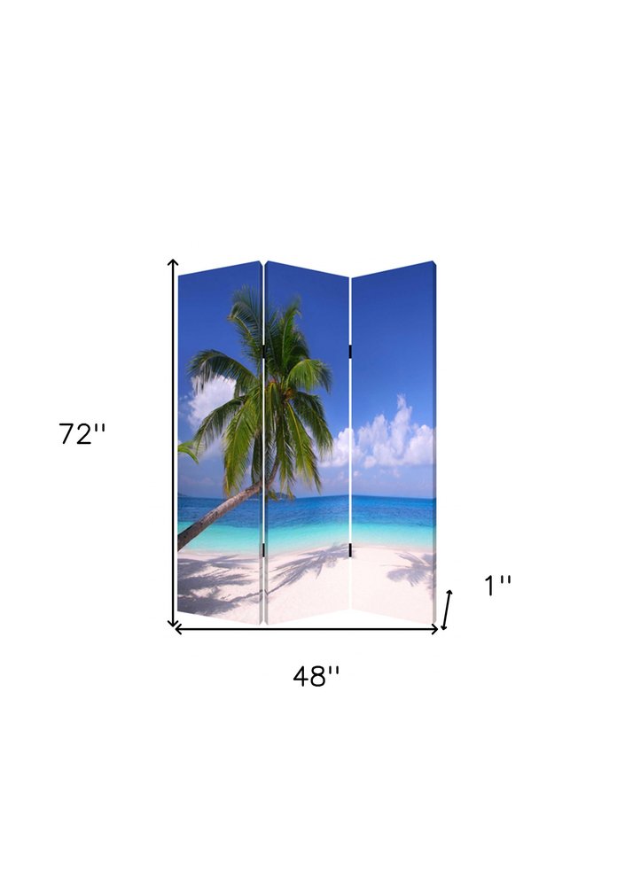 Blue and Green Canvas Folding Three Panel Screen Room Divider - 72-inch