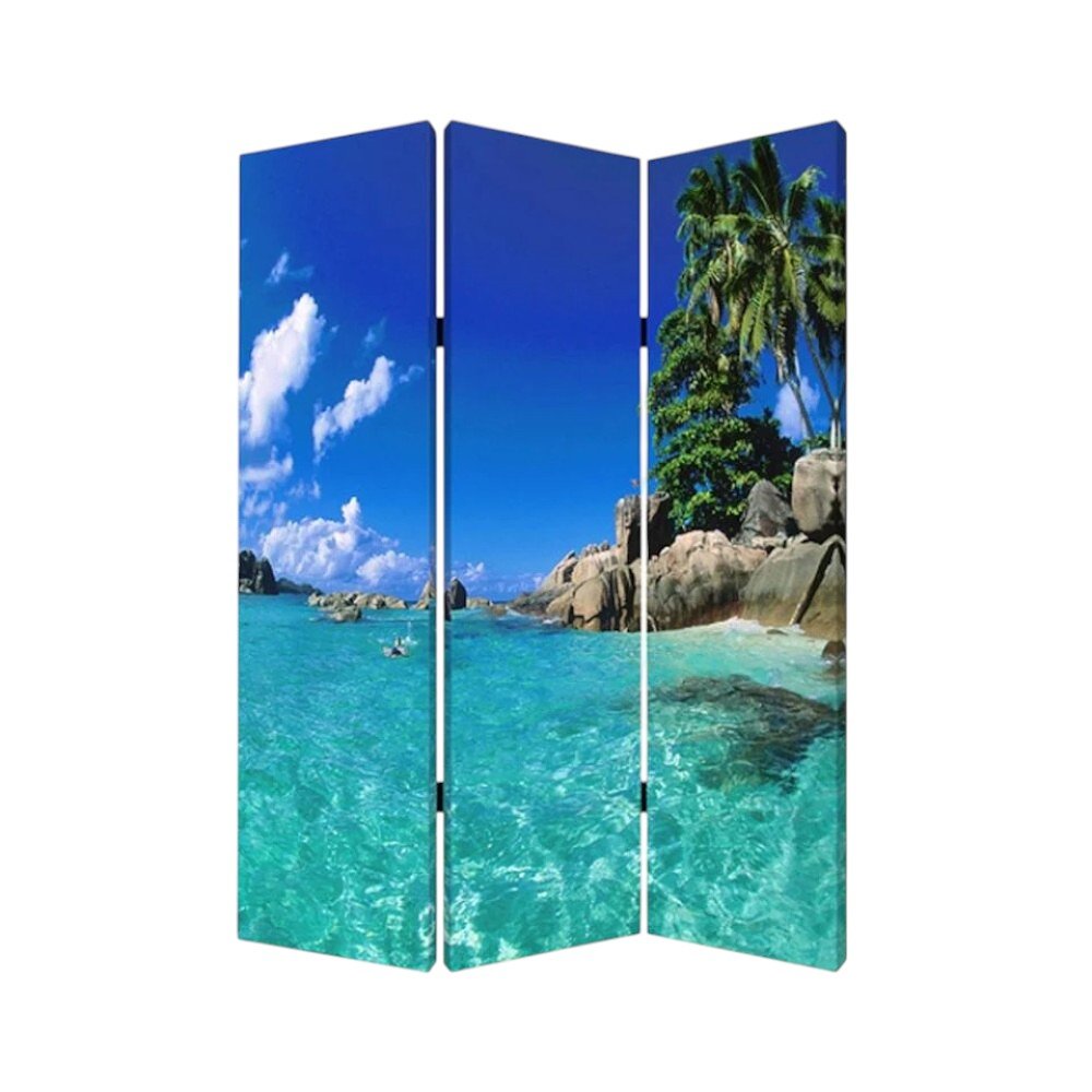Blue and Green Canvas Folding Three Panel Screen Room Divider - 72-inch