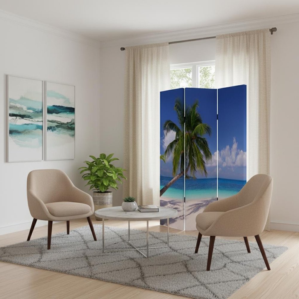 Blue and Green Canvas Folding Three Panel Screen Room Divider - 72-inch