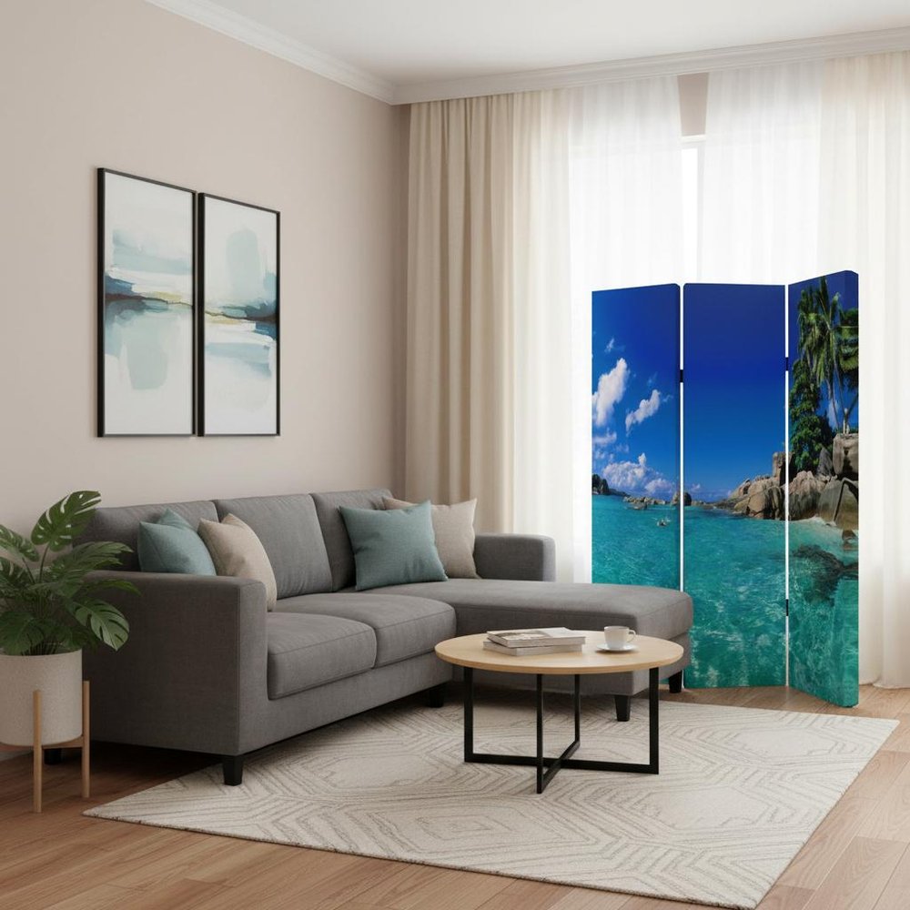 Blue and Green Canvas Folding Three Panel Screen Room Divider - 72-inch